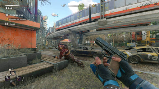 Gameplay screenshot - High-intensity fight in Dying Light 2: Stay Human on Xbox. The player reloads a pistol while a monstrous infected enemy charges in a devastated urban landscape with a derailed metro and abandoned cars. Experience next-gen parkour combat—get your Xbox One & Series X key now at RushGame.co!