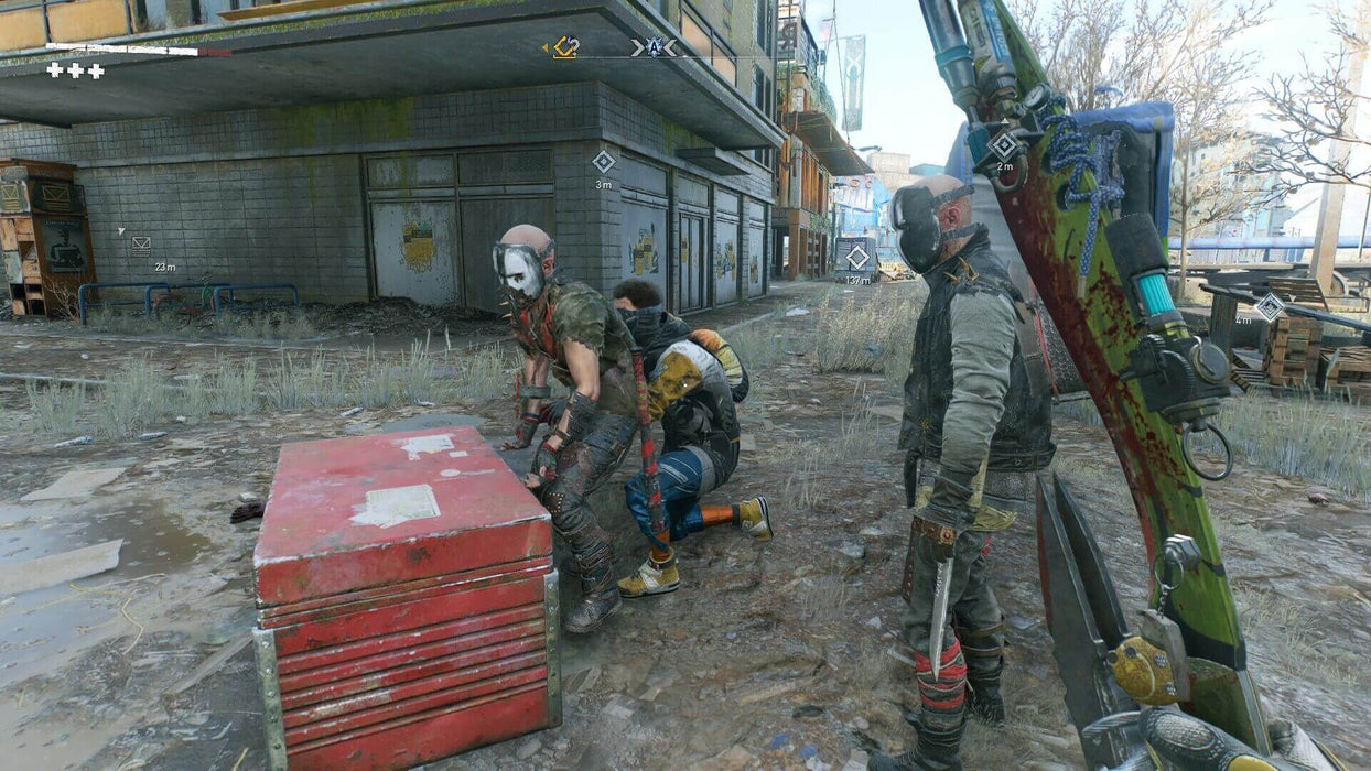Survival in a brutal world—screenshot from Dying Light 2: Stay Human on Xbox. A masked enemy holds a captive survivor while the player wields a modified melee weapon, showcasing intense RPG-style decision-making and combat. Buy your Dying Light 2 Xbox key instantly at RushGame.co!