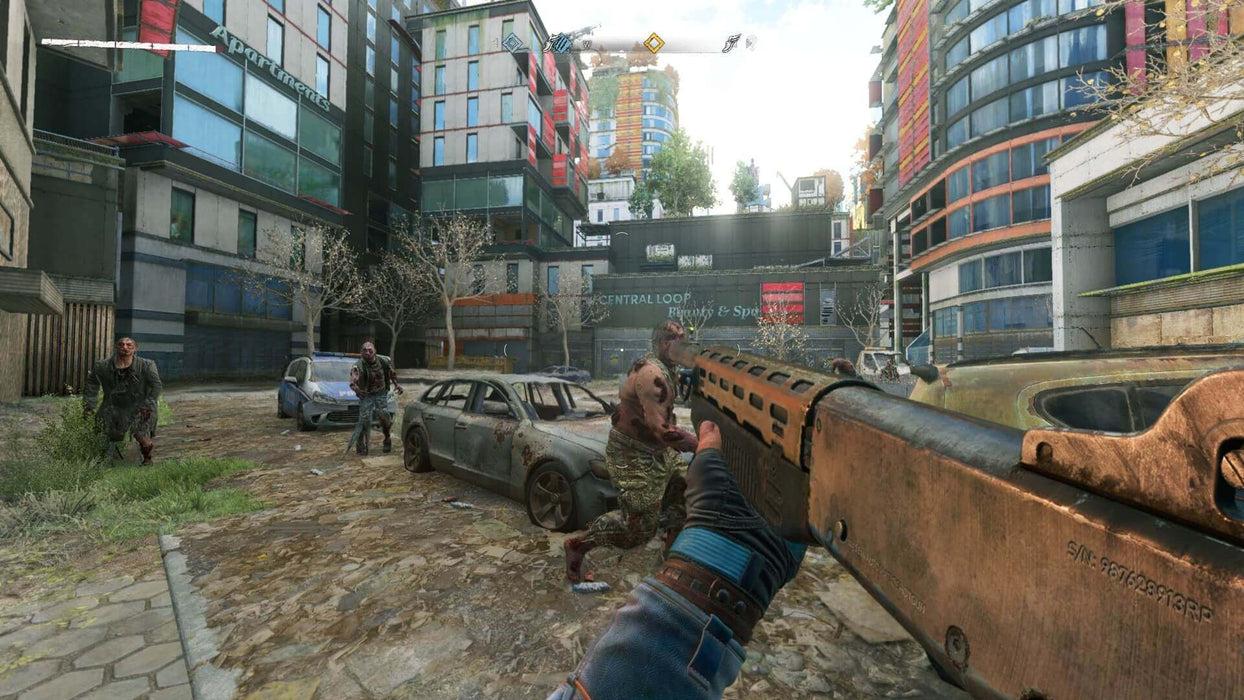 Gameplay screenshot - Action-packed first-person combat in Dying Light 2: Stay Human on Xbox Series X and Xbox One. The player wields a shotgun while facing a horde of infected in an overgrown urban setting filled with abandoned vehicles and high-rise buildings. Get your Dying Light 2 Xbox key instantly at RushGame.co