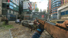 Gameplay screenshot - Action-packed first-person combat in Dying Light 2: Stay Human on Xbox Series X and Xbox One. The player wields a shotgun while facing a horde of infected in an overgrown urban setting filled with abandoned vehicles and high-rise buildings. Get your Dying Light 2 Xbox key instantly at RushGame.co