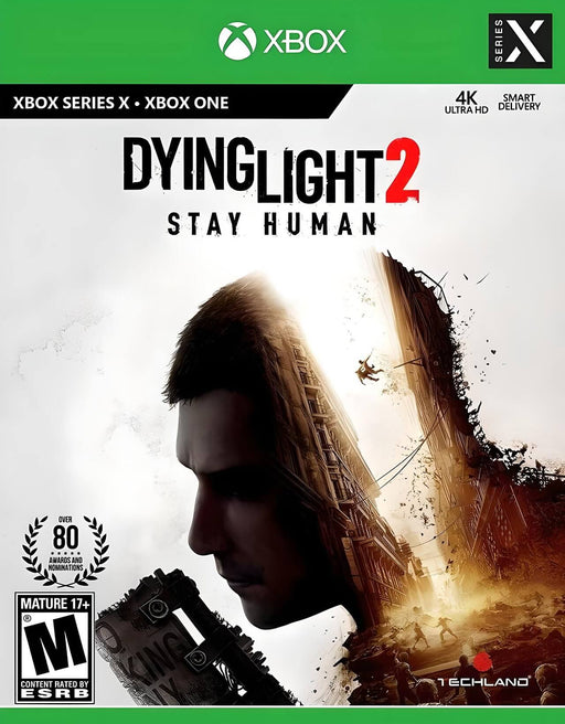 Official cover art for Dying Light 2: Stay Human on Xbox One & Series X. The intense design features the protagonist’s face merging into a crumbling cityscape with parkour action and hordes of infected. Buy your Dying Light 2 Xbox digital key now at RushGame.co for fast and secure delivery!