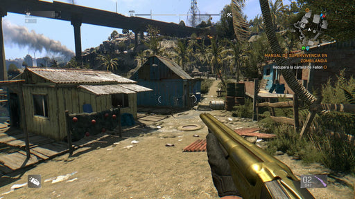 Gameplay screenshot - A player wields a golden double-barrel shotgun in a rural settlement, preparing for an intense zombie battle in Dying Light: Definitive Edition. Experience brutal combat and dynamic open-world survival. Get your PC Steam CD Key instantly at RushGame.co!