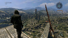 Gameplay screenshot - A hooded survivor stands on the edge of a skyscraper, overlooking the vast, zombie-infested city in Dying Light: Definitive Edition. Experience the thrill of parkour and open-world survival in a post-apocalyptic landscape. Get your PC Steam CD Key now at RushGame.co for instant activation!