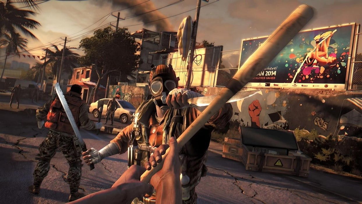Game screen - Melee Combat Scene 
A masked enemy wields a machete in a tense melee standoff in Dying Light Platinum Edition, as the player fights for survival in a sun-drenched urban warzone. Master brutal melee combat and explore the dangerous world of the infected. Get your PC Steam CD Key now at RushGame.co!