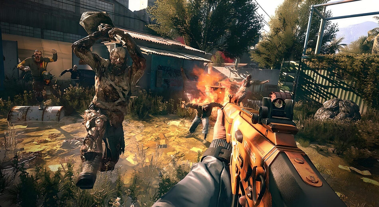 In game screenshot - A chaotic battle in Dying Light Platinum Edition, with a player wielding a bright orange assault rifle against fast-moving zombies in a sunlit urban environment. Engage in high-octane first-person combat and parkour in this survival horror masterpiece. Purchase your PC Steam CD Key at RushGame.co for instant activation
