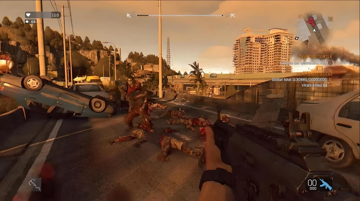 Gameplay scene - First-person combat in Dying Light Platinum Edition, featuring a player aiming a rifle at incoming zombies on a post-apocalyptic highway. Experience thrilling survival horror in an open-world city overrun by the infected. Get your Dying Light Platinum Edition PC Steam CD Key now at RushGame.co for instant digital delivery