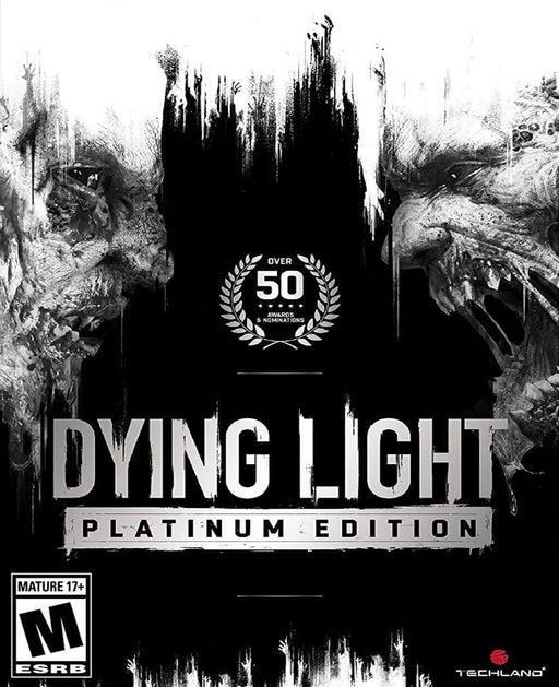 Cover art for Dying Light Platinum Edition, featuring a haunting black-and-white design with decayed zombie faces and a '50 awards & nominations' badge. Survive the undead-infested city with parkour movement and brutal combat. Buy your PC Steam CD Key now at RushGame.co