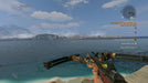 Gameplay screenshot - Coastal Crossbow View "A player aims a camouflaged crossbow over a vast ocean view in Dying Light: The Following Enhanced Edition, with a distant city skyline visible on the horizon. Engage in intense ranged combat in the expanded countryside region. Buy your Xbox One CD Key now at RushGame.co!