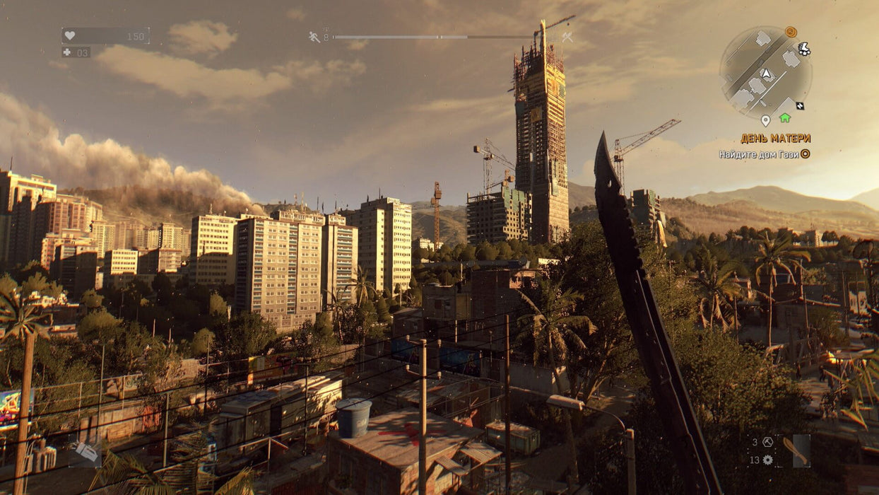 Gameplay screen - Cityscape and Weapon Scene A view of a post-apocalyptic city in Dying Light: The Following Enhanced Edition, with a massive unfinished skyscraper in the distance and a player holding a melee weapon. Experience an expanded open-world survival horror adventure on Xbox One. Get your CD Key now at RushGame.co!