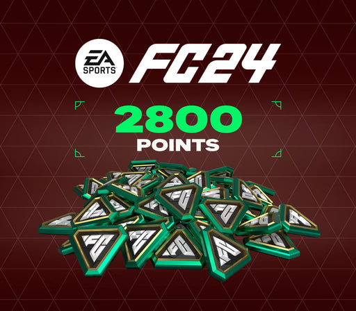 image for EA SPORTS FC 24 - 2800 FC Points, featuring a large stack of green and gold FC tokens on a red geometric background. Use these points to unlock Ultimate Team packs, player customizations, and more in EA FC 24. Get your PC EA Play CD Key now at RushGame.co for instant digital delivery!