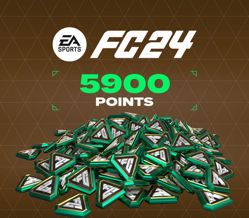 Image for EA SPORTS FC 24 - 5900 FC Points, featuring a massive stack of green and gold FC tokens on a brown geometric background. Use these points to enhance your Ultimate Team experience, unlock packs, and customize your squad in EA FC 24. Get your PC EA Play CD Key now at RushGame.co for instant digital delivery