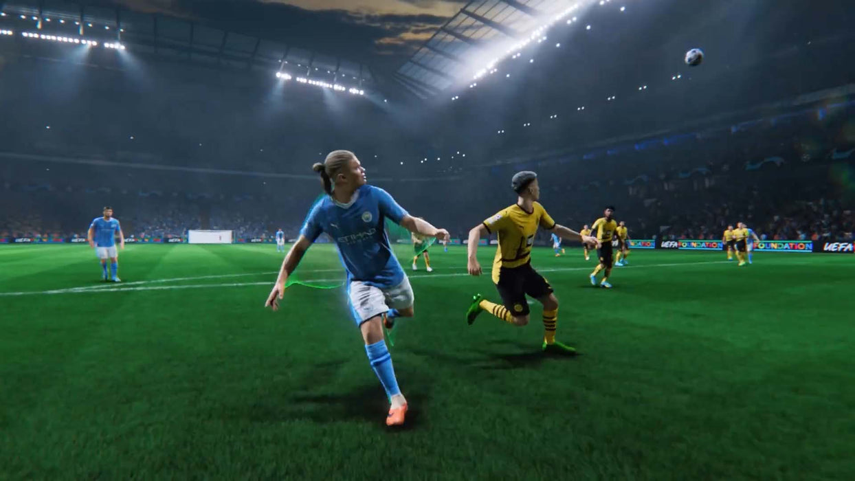 Gameplay scene from EA SPORTS FC 24 on Origin via EA Play, featuring Erling Haaland of Manchester City competing against Borussia Dortmund in a UEFA Champions League match. The night-time stadium setting and high-action moment showcase the game's realistic football mechanics. Get your EA SPORTS FC 24 CD Key instantly at RushGame.co