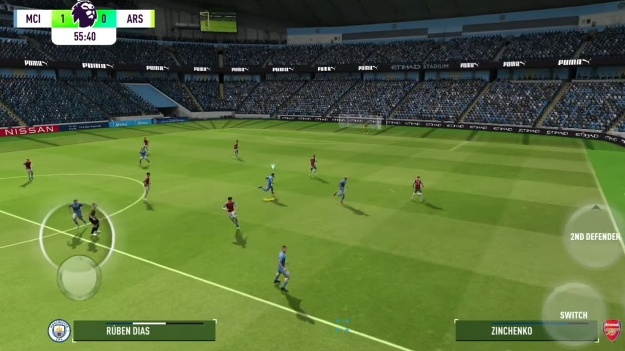 In-game screenshot from EA SPORTS FC 24 on Origin via EA Play, showing a Premier League match between Manchester City and Arsenal at Etihad Stadium. The score stands at 1-0 for City, with detailed player models and tactical gameplay visible. Buy EA SPORTS FC 24 for Origin at RushGame.co with instant digital delivery