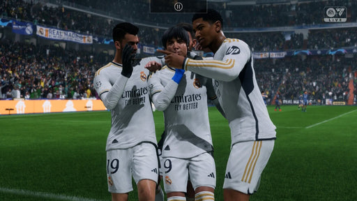 In-game moment from EA Sports FC 24 on Origin via EA Play, featuring Real Madrid players celebrating a goal. The players in white jerseys embrace joyfully, with a packed stadium in the background and banners supporting Real Madrid. Experience the thrill of football with an EA Sports FC 24 CD Key from RushGame.co, available instantly for digital download.