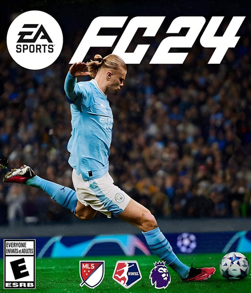 Official cover art for EA SPORTS FC 24 featuring Erling Haaland in a Manchester City kit executing a powerful kick. The game includes realistic football gameplay, major leagues like MLS, NWSL, and Premier League, and HypermotionV technology. Buy your Origin EA Play CD Key now at RushGame.co for instant digital access