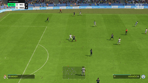 Screenshot gameplay "In-game match from EA SPORTS FC 24 showing Real Madrid vs. Manchester City. Real-time action with realistic player movements and stadium atmosphere. Buy your PC EA Play CD Key at RushGame.co for instant access