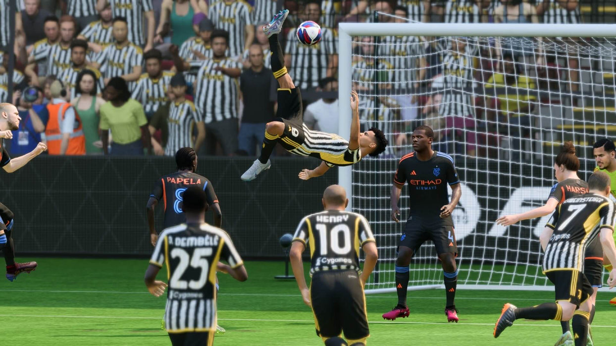 Game screenshot - A stunning bicycle kick goal in EA SPORTS FC 24, showcasing improved physics and HypermotionV technology. Ultimate Team and Career Mode available—purchase your PC EA Play CD Key instantly at RushGame.co