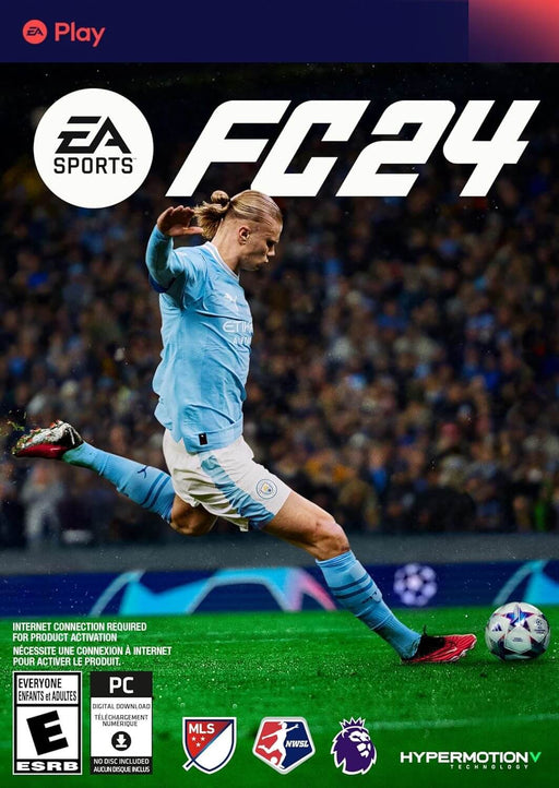 Official cover art for EA SPORTS FC 24 PC edition, featuring Erling Haaland in a Manchester City kit mid-kick. Experience next-gen football with HypermotionV technology and enhanced gameplay. Get your PC EA Play CD Key now at RushGame.co for instant digital delivery