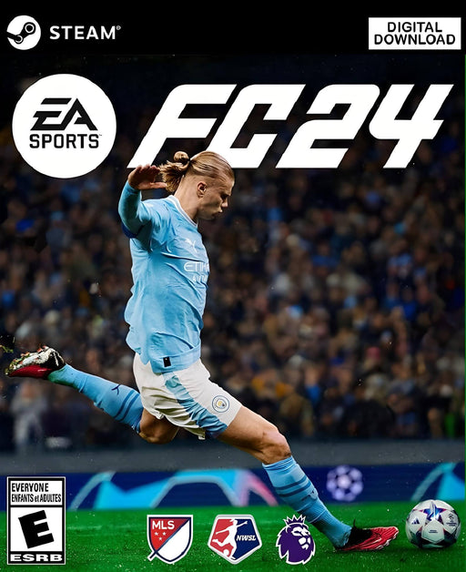 Cover image for EA SPORTS FC 24 on Steam, featuring Erling Haaland in a Manchester City kit executing a powerful kick. The game's branding, digital download badge, and league logos are displayed. Get your EA SPORTS FC 24 PC Steam CD Key at RushGame.co for instant activation