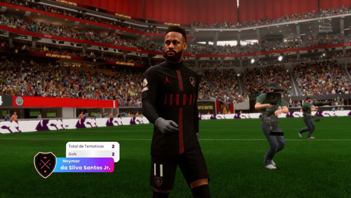 Screenshot from EA Sports FC 24 Ultimate Edition on PC EA Play, featuring Neymar Jr. in a black Jordan kit after scoring two goals in a match. The stadium and crowd enhance the realistic broadcast-style presentation. Purchase EA Sports FC 24 Ultimate Edition from RushGame.co and enjoy premium football gameplay