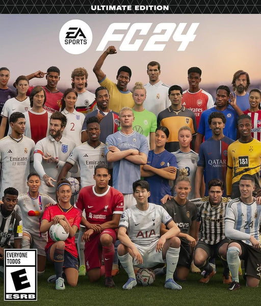 cover of EA Sports FC 24 Ultimate Edition for PC EA Play, featuring a diverse group of legendary and current football stars. This premium edition includes exclusive in-game bonuses and early access. Get your EA Sports FC 24 Ultimate Edition CD Key at RushGame.co for instant activation.