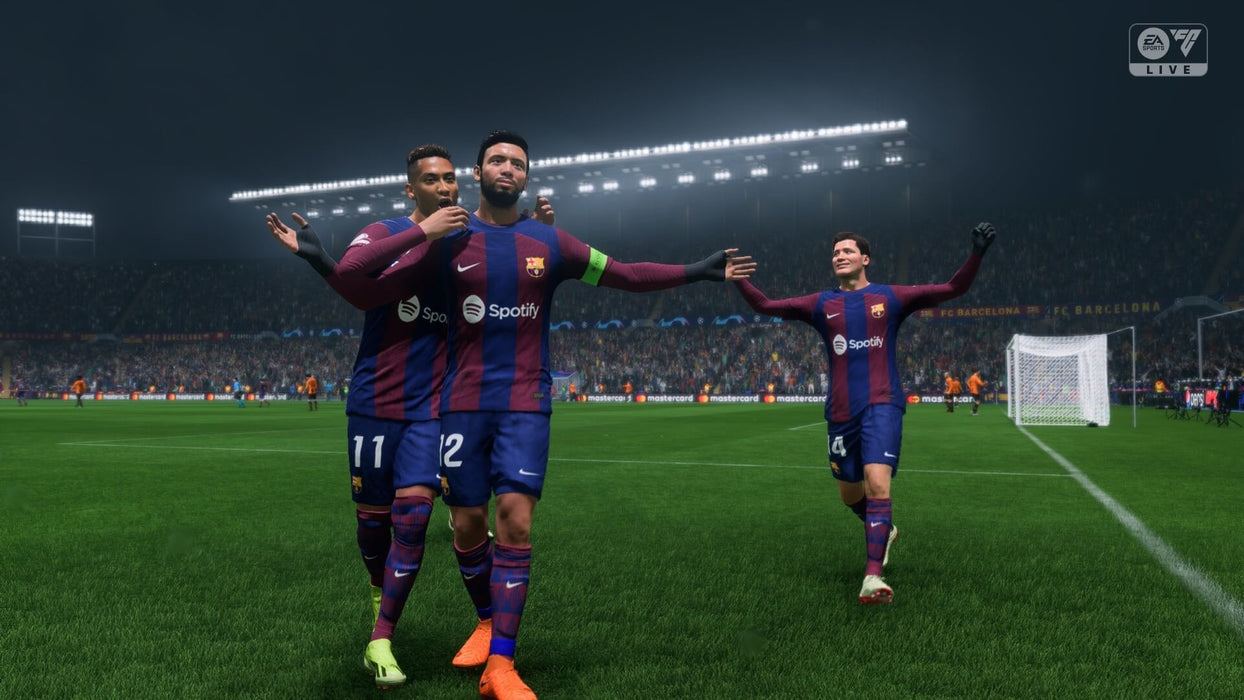 Screenshot from EA Sports FC 24 Ultimate Edition on Default Title & Xbox Series X/S, featuring FC Barcelona players celebrating a goal in a UEFA Champions League match. The captain leads the celebration as the stadium lights illuminate the pitch. Purchase EA Sports FC 24 Ultimate Edition for Xbox from RushGame.co for premium content and fast delivery