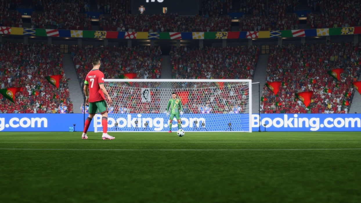 Gameplay screenshot - Cristiano Ronaldo preparing for a penalty kick in EA Sports FC 24, wearing Portugal’s national team kit in a packed stadium. Play as football legends by purchasing your EA Sports FC 24 Xbox key at RushGame.co