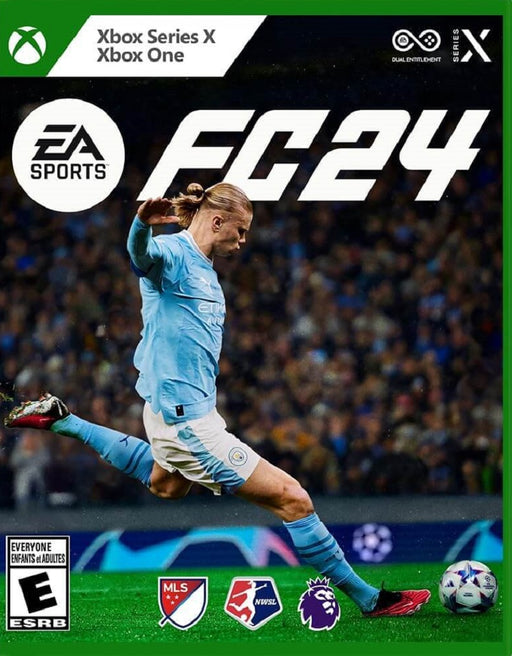 cover art for EA Sports FC 24 on Xbox One and Xbox Series X/S, featuring Erling Haaland in action. Buy your EA Sports FC 24 Xbox digital key at RushGame.co for instant delivery and competitive pricing.