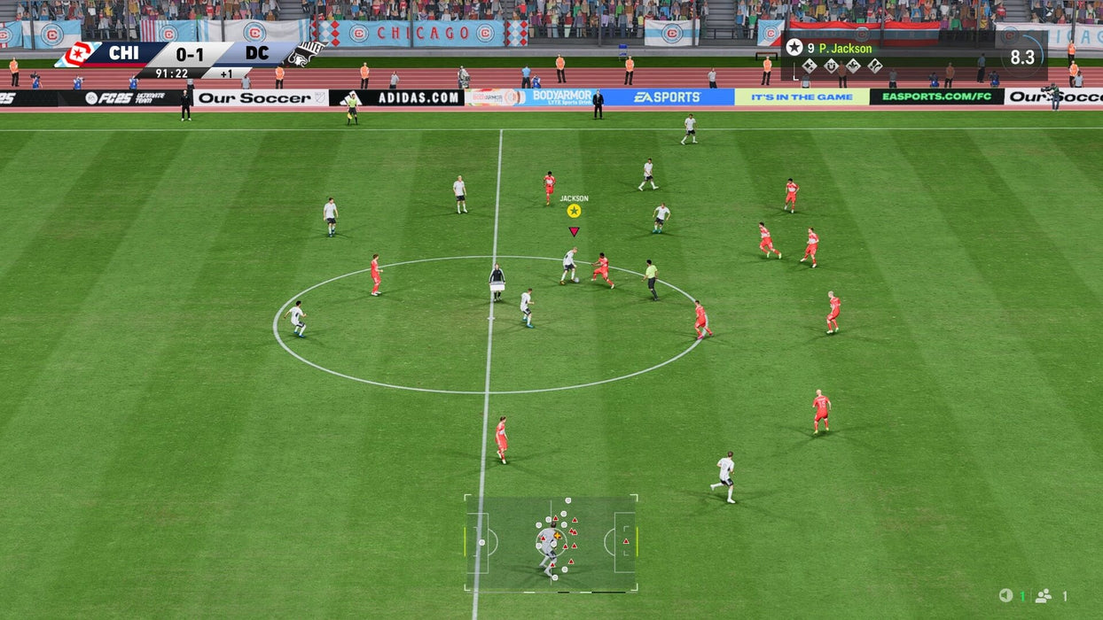 Gameplay screenshot from EA Sports FC 25 showing a competitive midfield battle in a Chicago vs. DC match. Experience dynamic football simulation with authentic stadium environments. Get your EA Sports FC 25 Xbox key instantly at RushGame.co