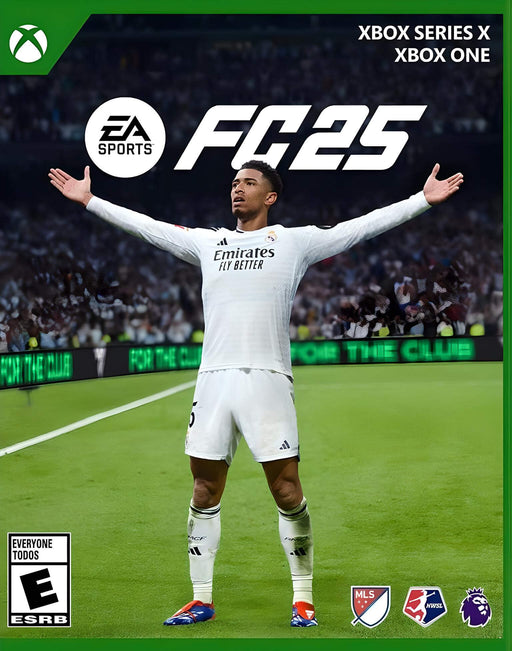 Official cover art for EA Sports FC 25 on Xbox One and Xbox Series X|S, featuring Jude Bellingham celebrating in a Real Madrid jersey. Buy your EA Sports FC 25 Xbox digital key at RushGame.co for instant access and the best price