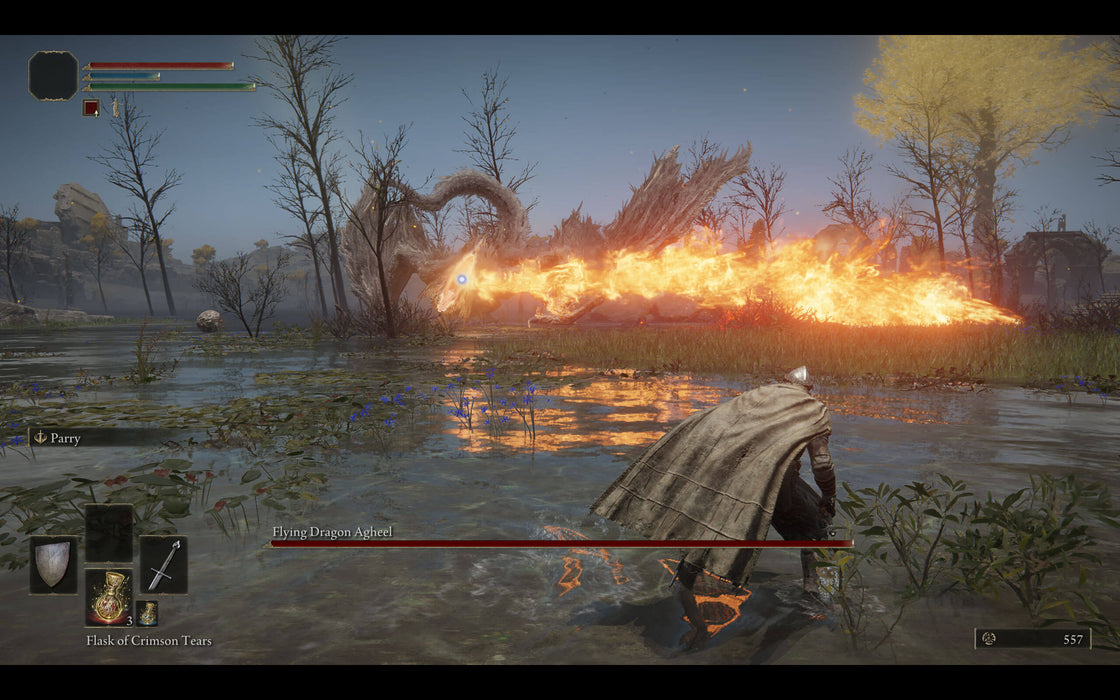 Gameplay Screenshot - Intense battle scene in Elden Ring Deluxe Edition on Steam, where a warrior faces the fire-breathing Flying Dragon Agheel in a misty swamp, dodging its powerful flame attack. Get your game key instantly at RushGame.co
