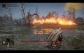 Gameplay Screenshot - Intense battle scene in Elden Ring Deluxe Edition on Steam, where a warrior faces the fire-breathing Flying Dragon Agheel in a misty swamp, dodging its powerful flame attack. Get your game key instantly at RushGame.co