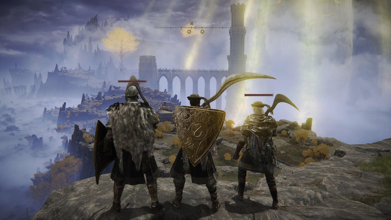 gameplay screenshot - Three armored warriors stand atop a cliffside, gazing at the breathtaking fantasy landscape of Elden Ring Deluxe Edition on Default Title & Xbox Series X/S. The golden glow of the Erdtree illuminates the ruins below, setting the stage for an epic co-op adventure. Embark on your legendary journey—get your Elden Ring CD Key instantly at RushGame.co