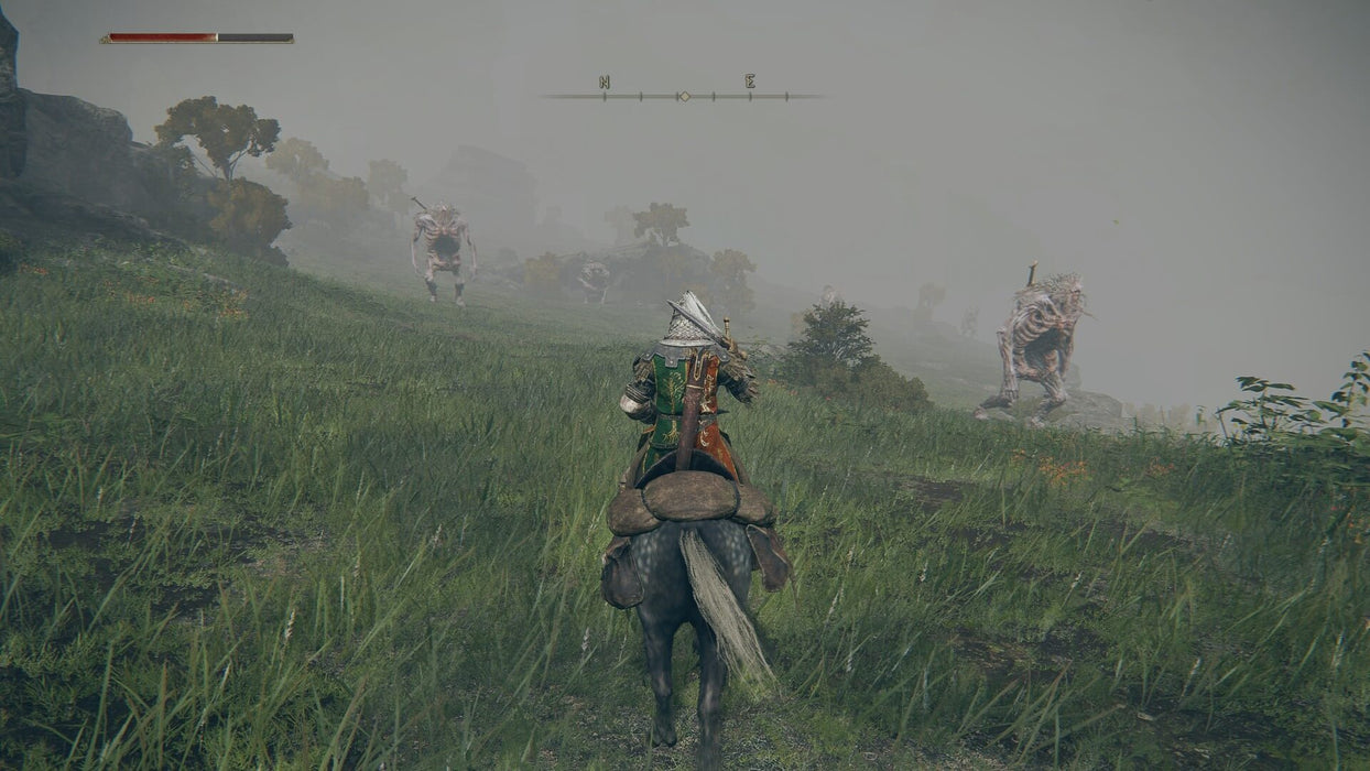 Gameplay screenshot - A lone Tarnished warrior rides through a misty, open field in Elden Ring Deluxe Edition for Default Title & Xbox Series X/S. Strange, grotesque creatures charge forward, ready to attack, capturing the intensity of FromSoftware’s challenging combat. Explore the Lands Between and claim your destiny—buy your Elden Ring CD Key now at RushGame.co