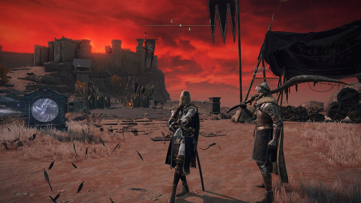 Gameplay screenshot - A warrior clad in detailed armor stands in a desolate battlefield under a crimson sky in Elden Ring Deluxe Edition for Default Title & Xbox Series X/S. A towering castle looms in the background, while a mysterious portal glows nearby, hinting at the game's vast and dangerous open world. Get your Elden Ring CD Key now at RushGame.co for an epic action RPG experience