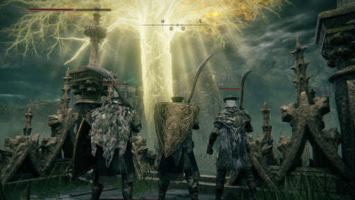 Gameplay screenshot - Three armored warriors stand before the majestic golden Erdtree in Elden Ring for PC Steam (RoW). The detailed armor, massive shields, and glowing sky emphasize the grand scale of this open-world RPG. Embark on your adventure today—buy your Elden Ring CD Key at RushGame.co