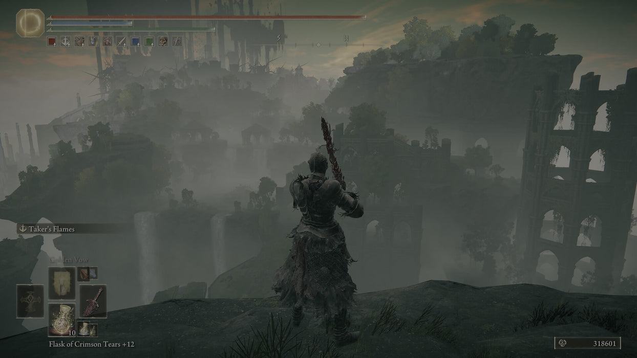 Gameplay screenshot - A lone warrior gazes over a misty landscape of ruins and floating castles in Elden Ring for PC Steam (RoW). The eerie atmosphere and breathtaking scale reflect the game’s immersive and challenging world. Start your journey now—get your Elden Ring CD Key at RushGame.co