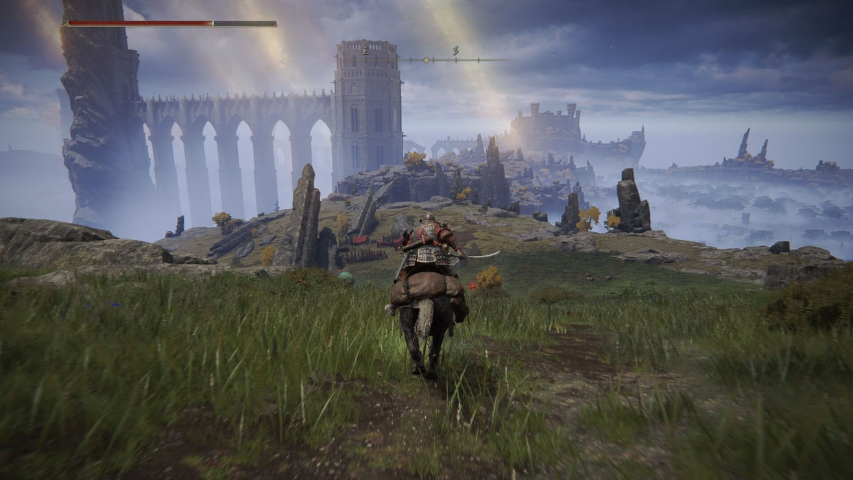 Gameplay screenshot - A mounted warrior gallops across the lush open world of Elden Ring for PC Steam (RoW), heading towards a massive castle and towering ruins. The game's vast exploration and dynamic combat come to life in this epic adventure. Secure your Elden Ring CD Key instantly at RushGame.co