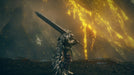 Gameplay screenshot - A mighty warrior clad in fur-lined armor wields a colossal greatsword before a glowing, golden fissure in Elden Ring: Shadow of the Erdtree Deluxe Edition for Default Title & Default Title. The awe-inspiring landscape captures the dark fantasy essence of this highly anticipated expansion. Buy your DLC key now at RushGame.co