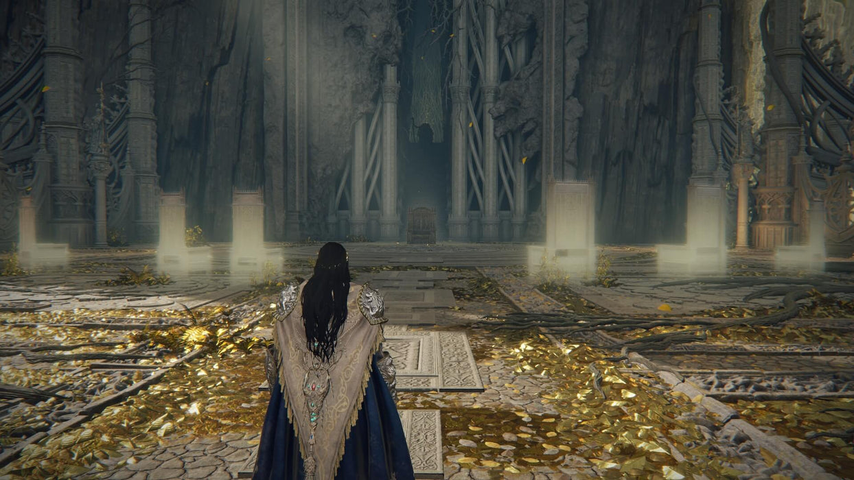 Gameplay screenshot - A lone figure in elegant, battle-worn robes stands before a grand, mystical throne room in Elden Ring: Shadow of the Erdtree Deluxe Edition for Default Title & Default Title. The golden-lit hall reflects the game’s rich lore and immersive world. Secure your Elden Ring DLC key now at RushGame.co!