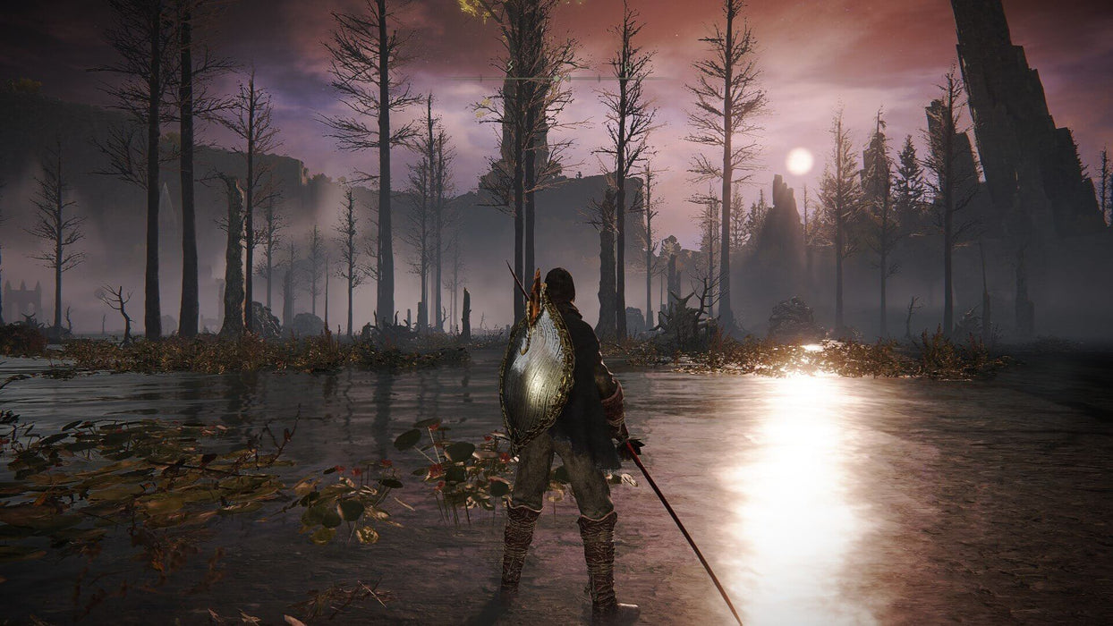Gameplay Screenshot - Mysterious and eerie swamp landscape in Elden Ring: Shadow of the Erdtree DLC on Steam, where a warrior clad in armor stands in shallow water, gazing at the misty horizon under a crimson sky. Unlock the full adventure with an instant digital code from RushGame.co