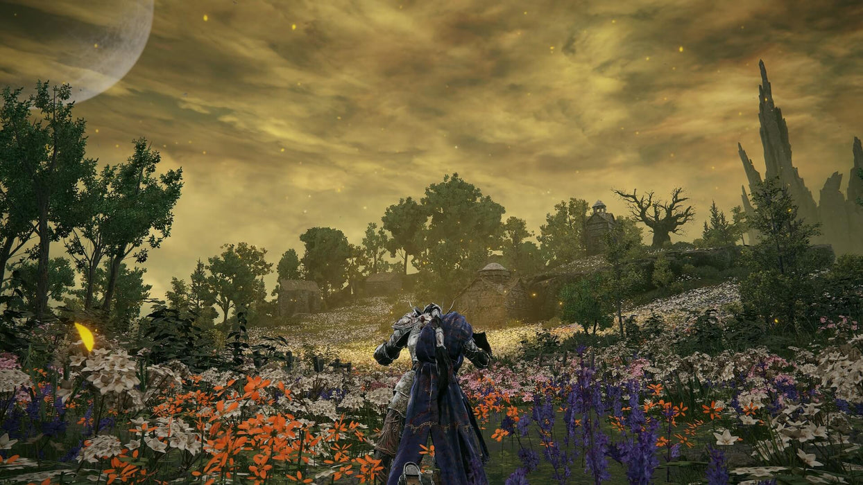 Gameplay screenshot - Breathtaking landscape from Elden Ring: Shadow of the Erdtree DLC on Steam, showcasing a warrior standing in a vibrant, overgrown field filled with colorful flowers under a golden sky. Purchase your activation key today at RushGame.co