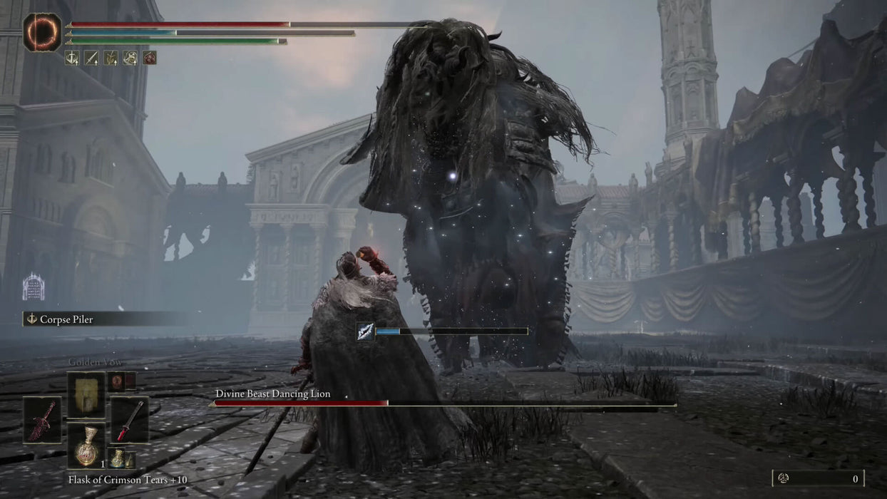Gameplay Screenshot - Epic boss battle in Elden Ring: Shadow of the Erdtree DLC on Steam, where a warrior faces the colossal Divine Beast Dancing Lion in a foggy, ancient arena. Get your game key instantly at RushGame.co