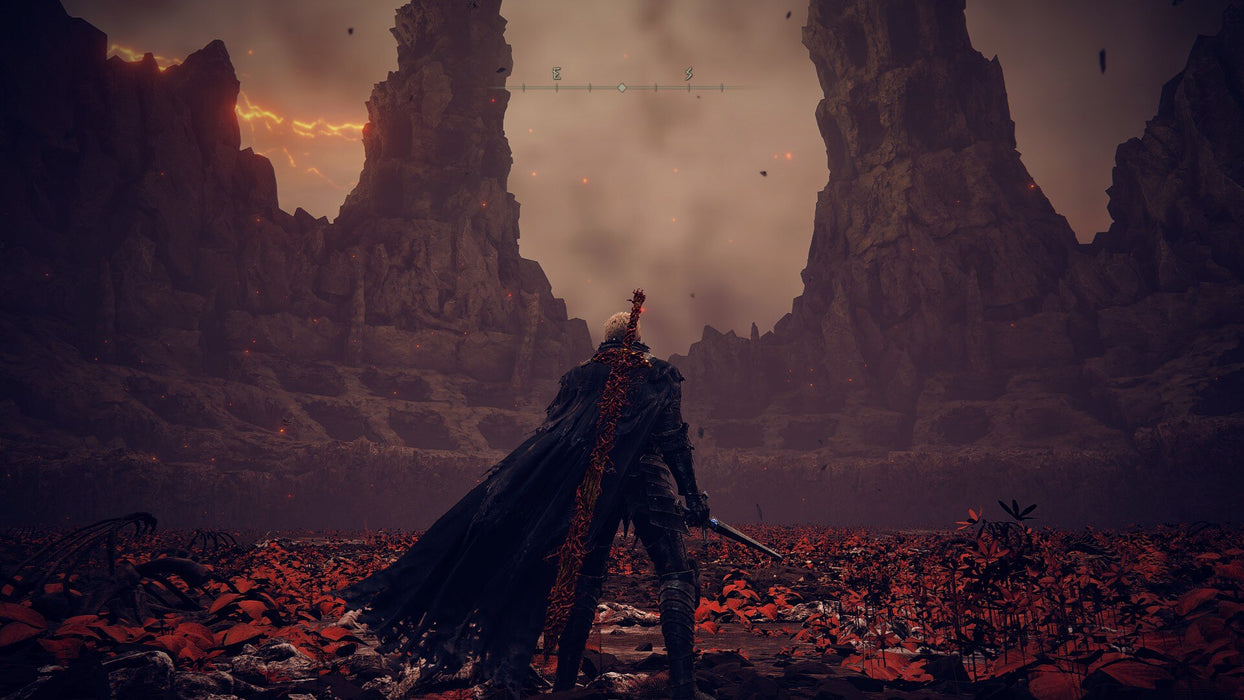 Gameplay Screenshot - A powerful warrior stands in a crimson battlefield in Elden Ring: Shadow of the Erdtree DLC on Xbox, gazing at towering cliffs with glowing fissures under a stormy sky. Buy your game key now at RushGame.co