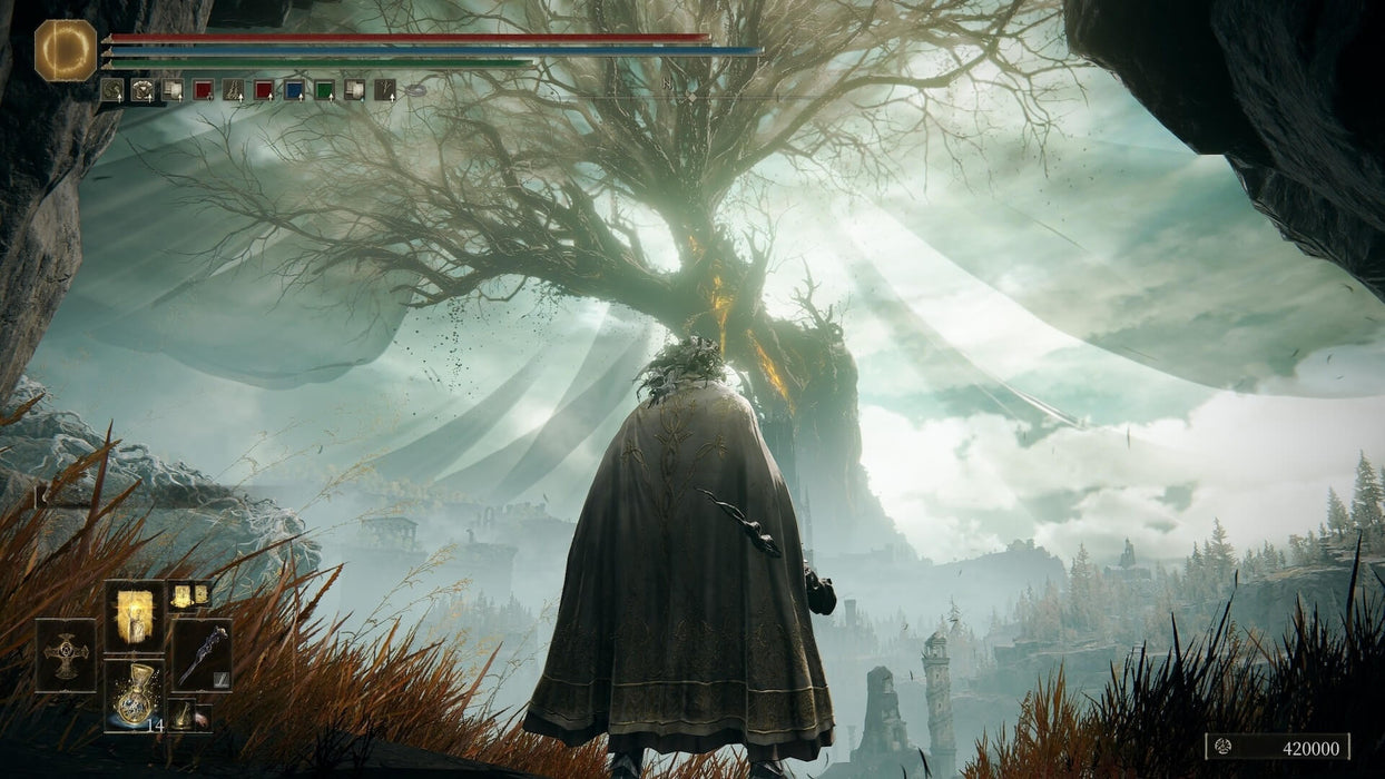 Gameplay screenshot - Majestic scene from Elden Ring: Shadow of the Erdtree DLC on Xbox, featuring a cloaked warrior gazing at a massive, glowing Erdtree under a stormy sky. Unlock the full adventure with an instant digital code from RushGame.co