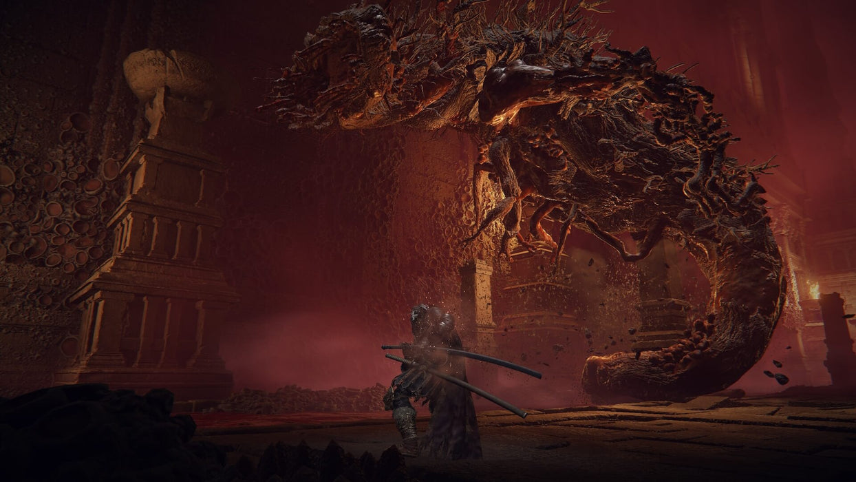 Gameplay screenshot - In-game battle scene from Elden Ring: Shadow of the Erdtree DLC on Xbox, showcasing a lone warrior wielding dual katanas facing a monstrous, root-covered beast in a dark, eerie chamber. Get your game key instantly at RushGame.co
