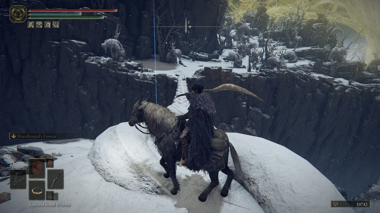 Game screen - A heavily armored warrior rides a spectral steed across a snowy mountain ridge in Elden Ring: Shadow of the Erdtree Edition for Default Title & Default Title. The frozen landscape and mysterious enemies ahead hint at the game’s intense challenges. Secure your Elden Ring DLC key instantly at RushGame.co