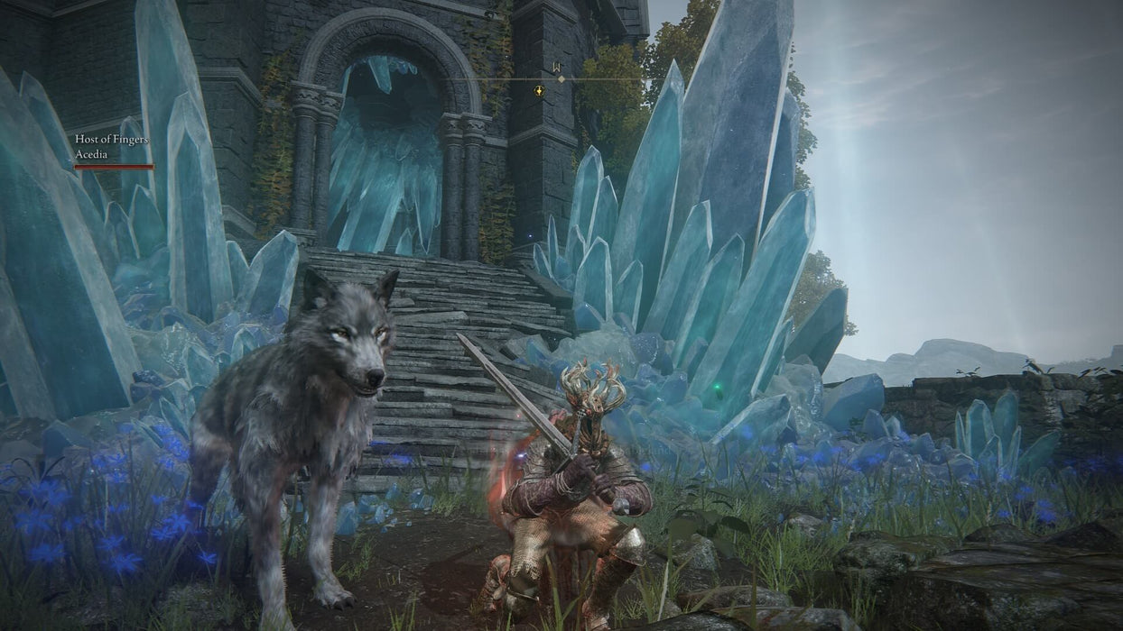 Gameplay screenshot - A fierce warrior, accompanied by a spectral wolf, prepares for battle in front of towering blue crystal formations in Elden Ring: Shadow of the Erdtree Edition for Default Title & Default Title. The game’s stunning landscapes and mythical creatures come to life. Get your Elden Ring key today at RushGame.co
