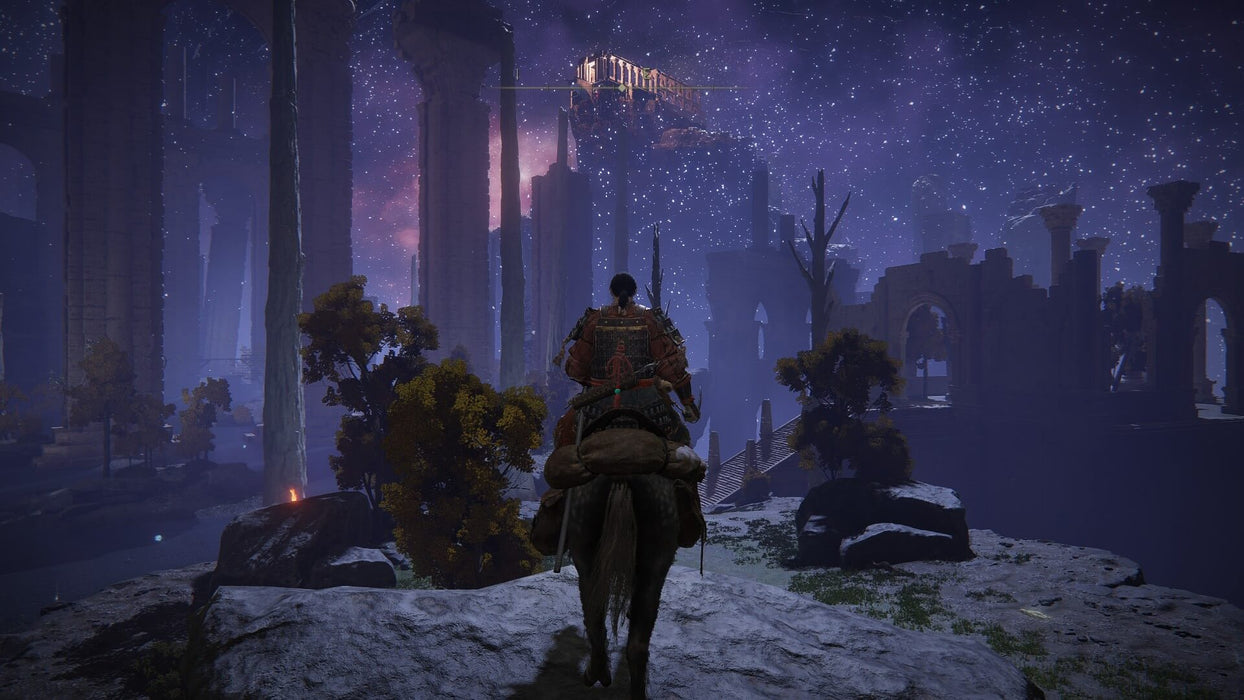 Gameplay screenshot - A lone warrior on horseback gazes at a glowing castle in a star-lit cavern in Elden Ring: Shadow of the Erdtree Edition for Default Title & Default Title. The magical environment showcases the game’s breathtaking world. Buy your Elden Ring DLC key now at RushGame.co