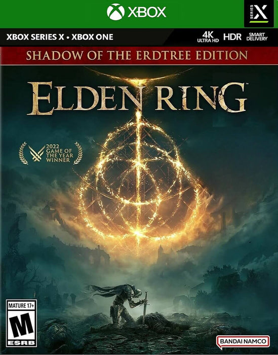 Cover art for Elden Ring: Shadow of the Erdtree Edition on Default Title & Default Title, featuring the glowing Elden Ring sigil and a kneeling warrior. This edition includes the base game and the Shadow of the Erdtree expansion. Get your Elden Ring CD Key instantly at RushGame.co